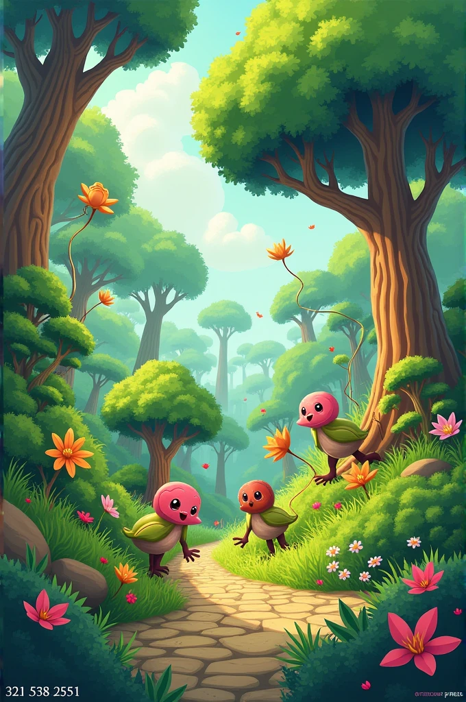 Créame una ilustración donde estén rayas tengan plantitas así animadas o platicar semi reales y que mayoritariamente el dibujo tenga verde pero también puede incluir otros colores además que tenga por escrito como un título El planeta de los trees y que más abajito tenga un número que sea 321 538 2531 y que para buscarlo en instagram sea p. trees