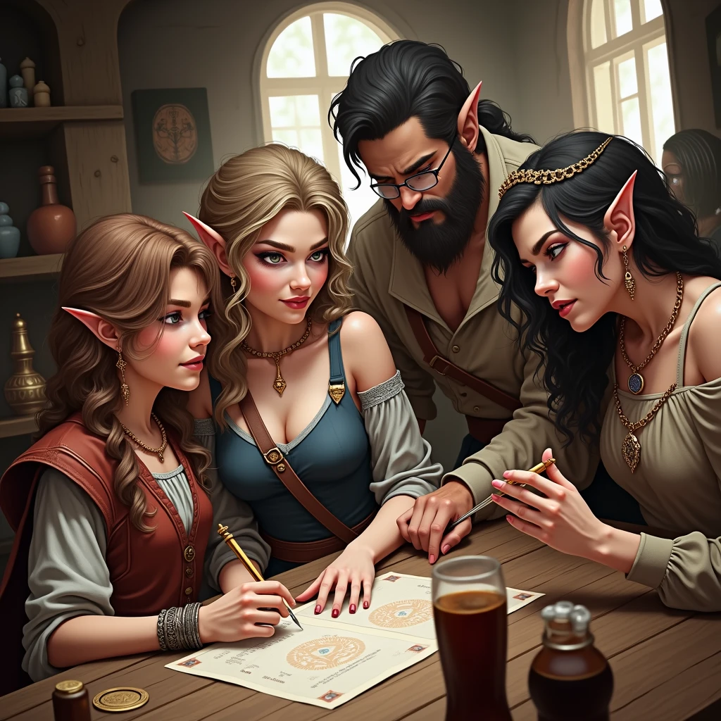(((Um grupo de amigos jogando d&d))). ((rpg de mesa). (Estilo de livro d&d). (d'epic characters&d). (d&d). (Epic Tavern Background). anthropomorphic character, woman with curly hair and elf ears,gorgeous faces, faces in detail, Photographic realism.