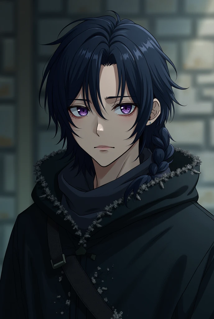 Fantasy Character. adult man, shoulder length black hair with a braid on the left side, purples eyes, fair skin with dark circles under the eyes, a lazy, sleepy expression. Medieval era anime style. Wearing an old black cloak.