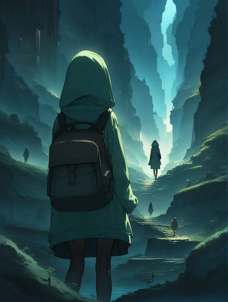 score_9, score_8_up, score_7_up, score_アニメ, masterpiece, best quality, delicate illustration, sharp line, sharp focus, BREAK,Traveler girl wandering in the ruins of endless night, the girl is wearing a hood, a lot of baggage in her backpack., night、City of the Future、Fantastic landscape、Beautiful Landscape、Harmony with Nature
