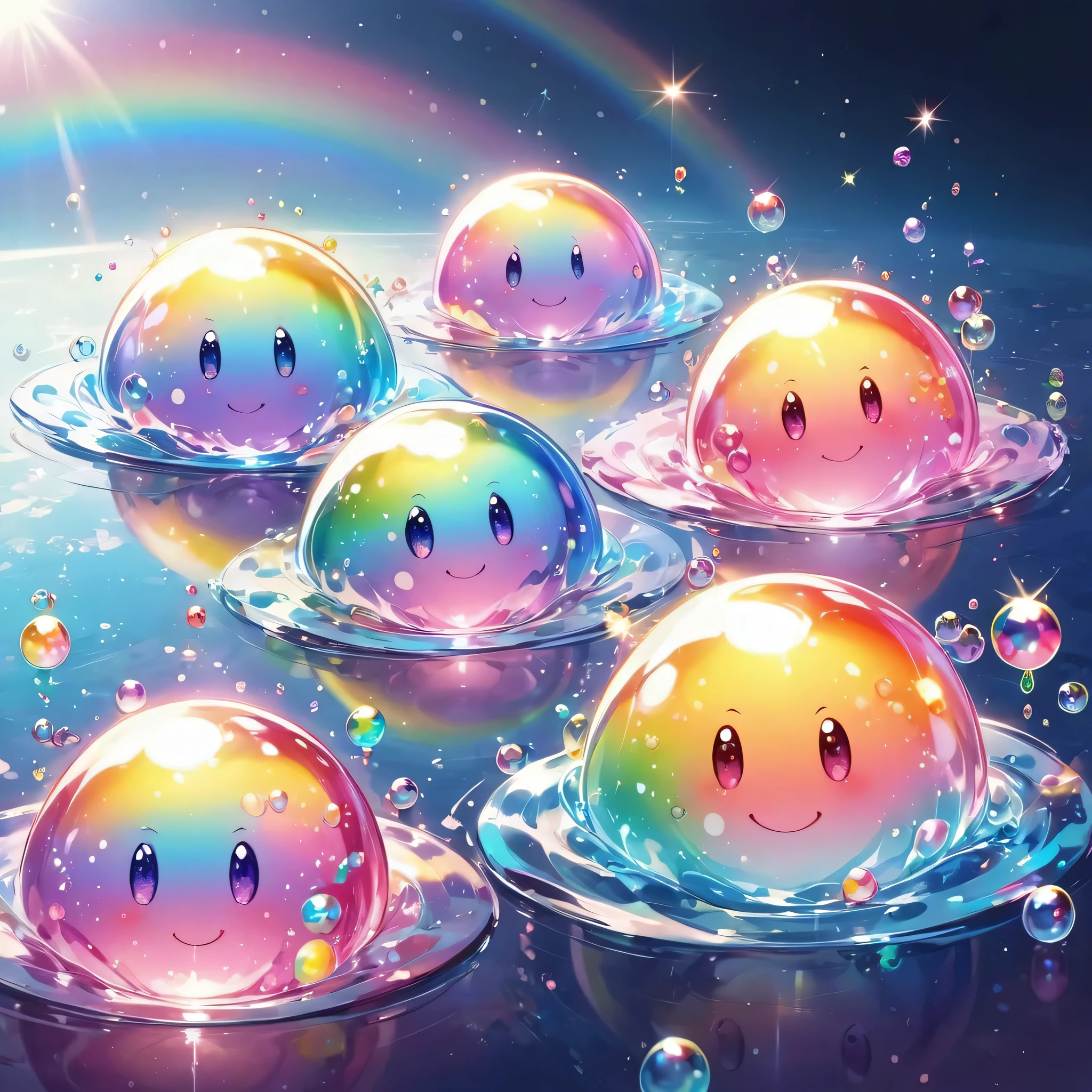 Cute aliens, All in one, Tiny nuclei that shine in fantastical rainbow colors,and a completely melted jelly fusion, Very transparent material, High viscosity, Elasticity due to surface tension, Holographic sparkling reflections, Create an engaging impression on your audience