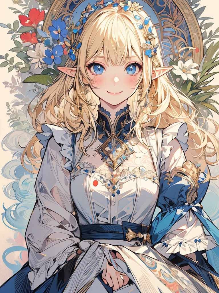 masterpiece, best quality, 1girl, ultra detailed, ultra highres, well-definded facial features, anatomically correct, cute girl, long pointy ears, elf, nice face,blonde hair, blue eyes, french maid outfit, blush, smile, by Alfons Mucha
