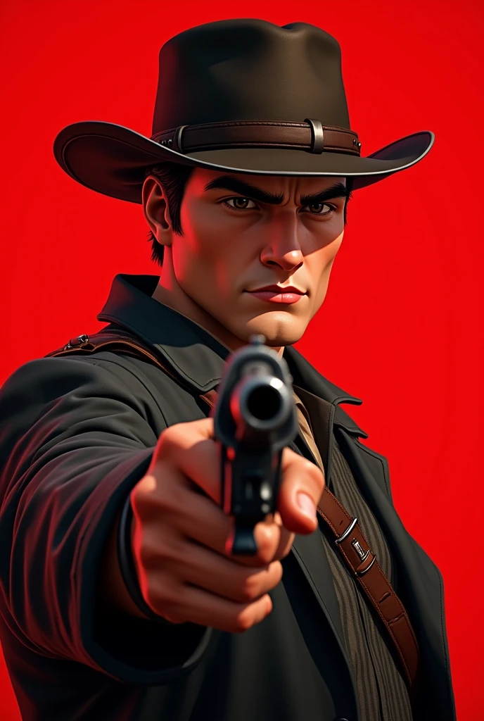 Generate an image of a read dead redemption 2 poster of my character pointing his revolver with a red background, make it a bit realistically animated and just from half body up, hips up. VERY IMPORTANT, make it like the read dead redemption 2 poster style

Character: Tall, White, brown and short hair, young, almost no beard, with thick eyebrows, good jawline, having an agressive look, brown eyes, make him wear clothes from those years, wear a jacket and have a hat, 