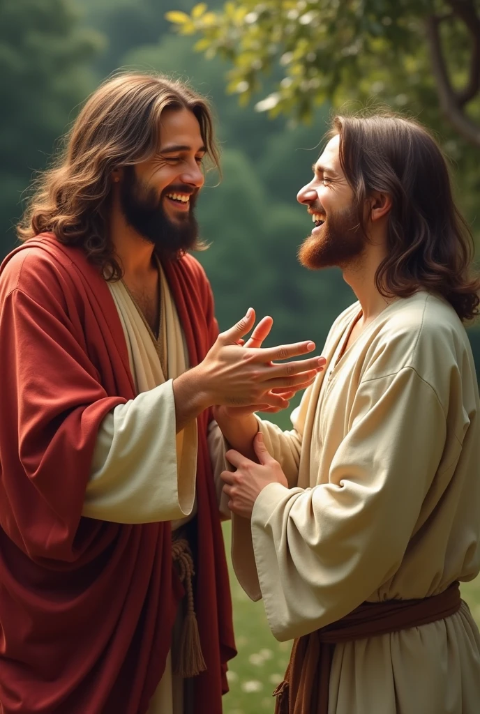 Jesus and another person laughing
