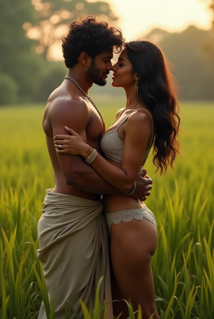 A India' desi hot village bhabhi in bra and panty sitting in a field way and kissing man 