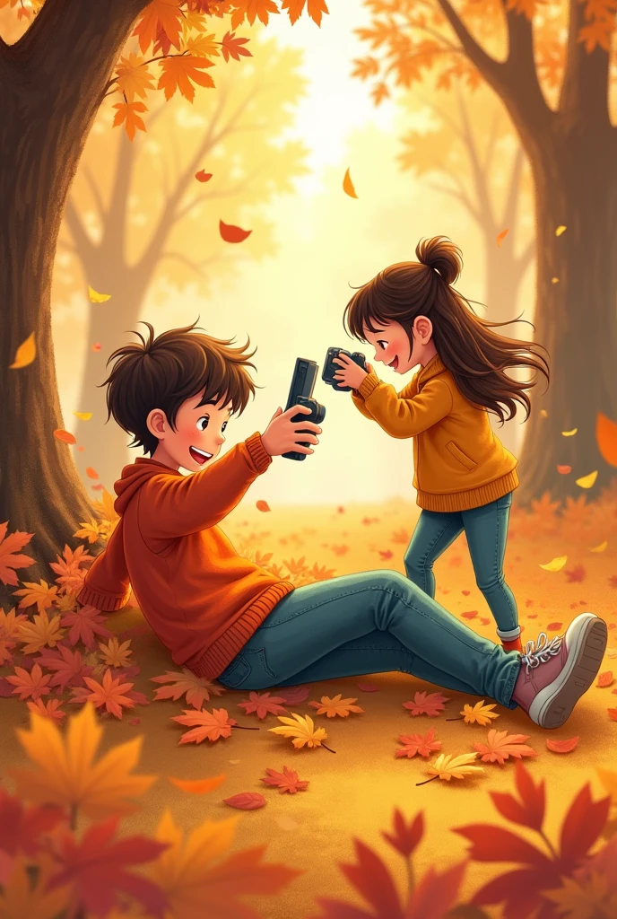It shows a teenage boy who is happily lying on the ground covered in leaves while a girl his age takes a photo of him, drawing style