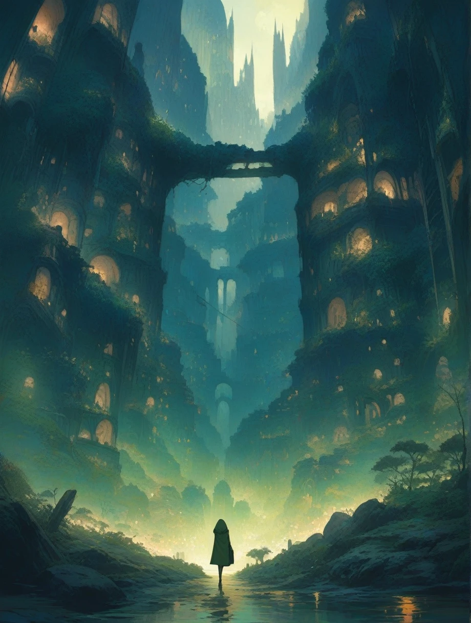 score_9, score_8_up, score_7_up, score_アニメ, masterpiece, best quality, delicate illustration, sharp line, sharp focus, BREAK,Traveler girl wandering in the ruins of endless night, the girl is wearing a hood, a lot of baggage in her backpack., night、City of the Future、Fantastic landscape、Beautiful Landscape、Harmony with Nature