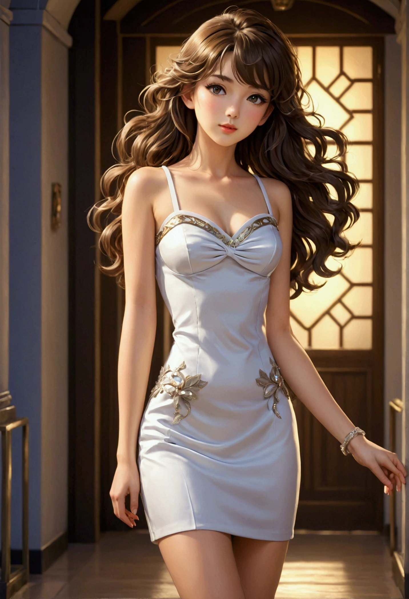 A beautiful young anime-style Sarah Kay, British with semi-long wavy brown hair dressed in an elegant, short and tight sleeveless, strapless dress, all in white and a tight skirt, wearing silver high-heeled sandals, she is modeling and posing for the camera in a relaxed attitude.