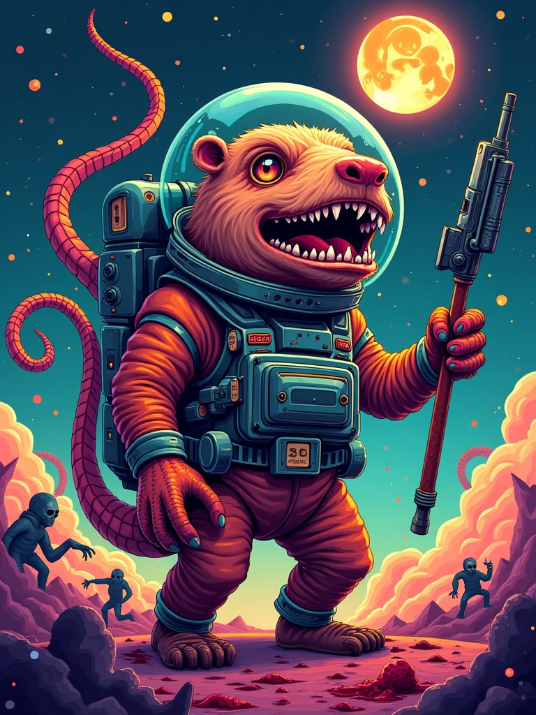 Icon logo Create a monster capybara_alien astronaut, (capybara mastermind poster), (((brock hofer style))), hyper beast, hyper monster, monster, colorfull, High detailed, Saturated colors, tentacles, zombies, blood, dark, carnage, guns, Color magic, vaporwave style, sticker, 2d cute, fantasy, dreamy, vector illustration, 2d flat, centered, by Tim Burton, professional, sleek, modern, minimalist, graphic, line art, vector graphics