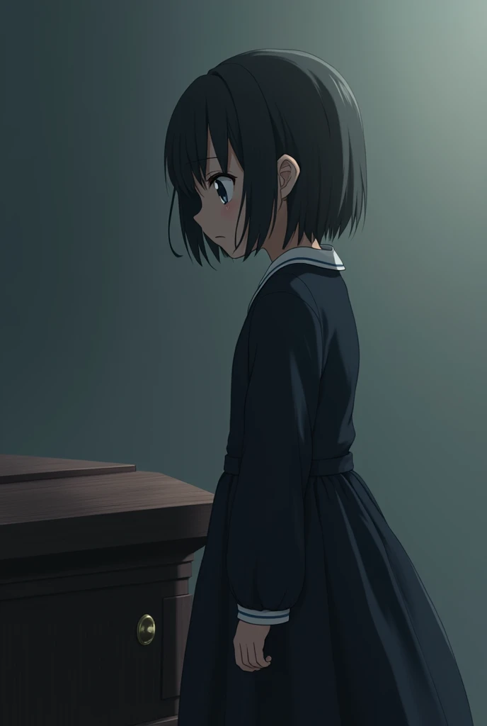 A young girl is wearing a black dress at a funeral and she is standing next to her friend's coffin. She looks sad. The atmosphere is sad. Anime.