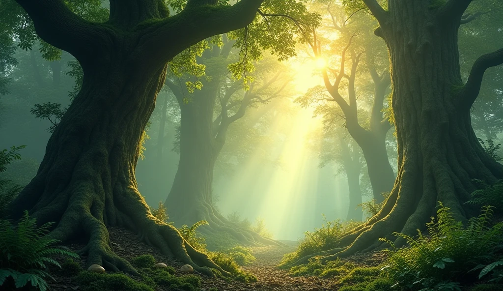 image of a mystical forest at dawn, with sunbeams shining through the trees