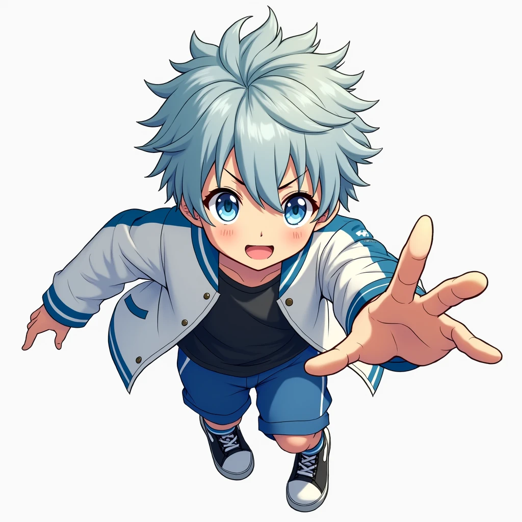 Young japanese boy with blue and blond hair and blue eyes reaching forawd his right hand, he is wearing a white and blue coat with a black shirt underneath, blue shorts and black, blue and white shoes