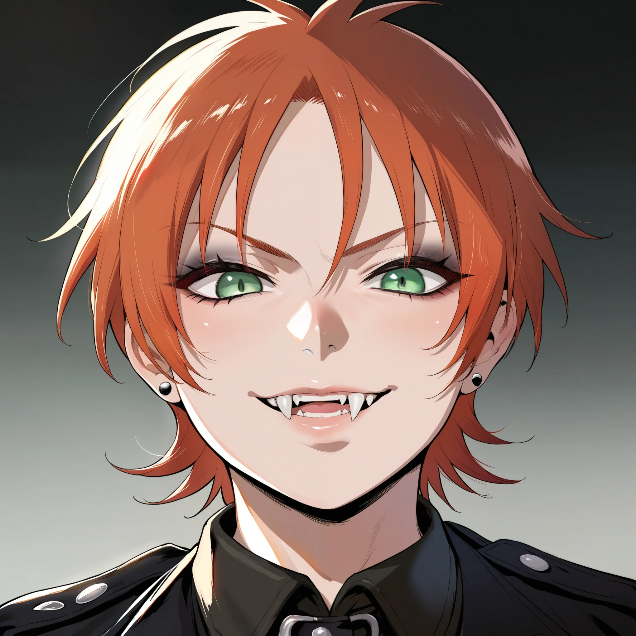 source_anime, rating_explicit, score_9, score_8_up, score_7_up, goth, gothic, ginger hair, short_hair, looking at viewer, hellsing, goth girl, ikuchan, smirk, green eyes, portrait face, face focus, face only, edgy, fangs, vampire, detailed, high quality 