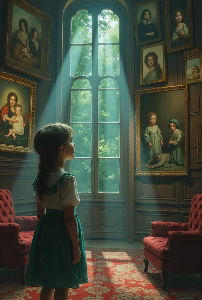 Girl in a room listening to the men in the paintings talking to her