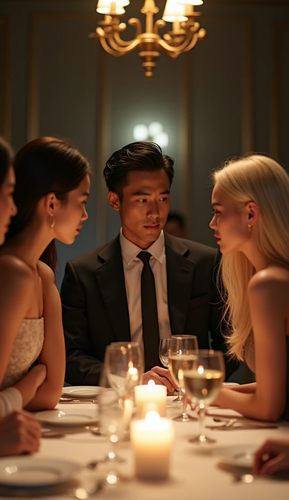 Asian man 3 at a dinner table with several people looking with desire at an Asian woman 30 years old long blonde hair