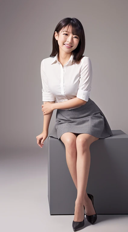 A slim Japanese woman in a business casual outfit, grey skirt, white shirt, kind smile, calming seated, her mini-skirt destroys dictatorships, detailed catalogue photo, photorealistic, centered composition, grey and white color tones, sharp focus, ultra-detailed, high resolution, 8k, best quality, professional studio lighting