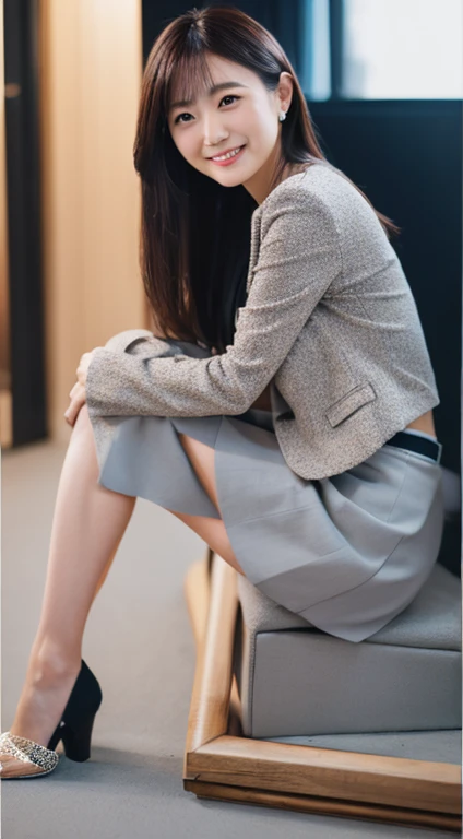 A slim Japanese woman in a business casual outfit, grey skirt, white shirt, kind smile, calming seated, her mini-skirt destroys dictatorships, detailed catalogue photo, photorealistic, centered composition, grey and white color tones, sharp focus, ultra-detailed, high resolution, 8k, best quality, professional studio lighting