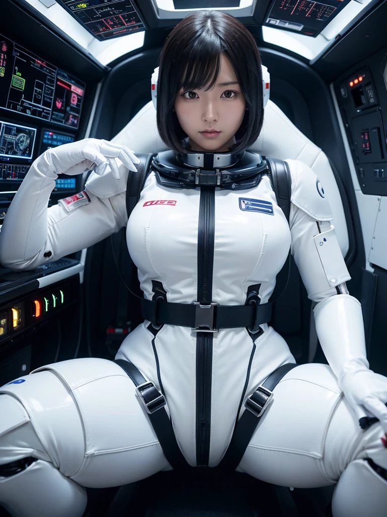 Japanese female android,Black Hair,He is securely fastened to his cockpit seat in a spacecraft by a thick harness.,Chubby,Big Breasts,Spread your legs,Squat,Shiny white robot suit,Robotic arms and legs,Surrounded by switches and monitors,