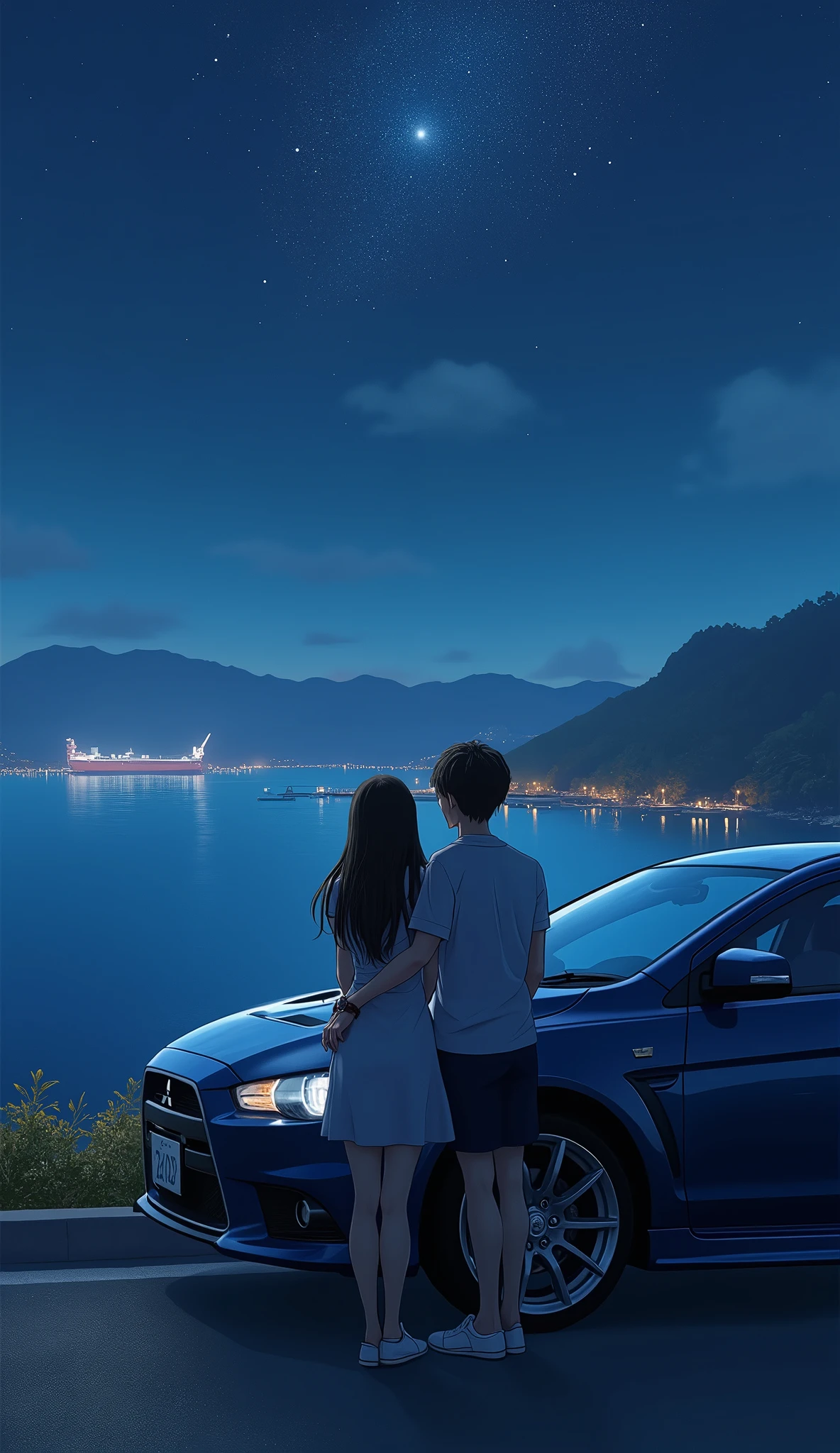 A couple (the women have black and long hair, and the man have brown and short hair) leaning on a Mitsubishi Lancer X watching the night on japon on the coast at the distance