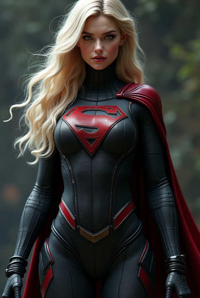 (((Symbiote Spiderman function Wonder Woman ))),(((A beautiful woman with long blonde hair under the mantle of the Kryptonian Kara zor-El aka Supergirl))),(((Shield the emblem of Supergirl))),(((corset negro))),(((Long black boots up to her knees))),(((With Symbiote skin running all over his skin))) Black metal bracelets))),(((Simbionte Spiderman))),(((Supergirl emblem on her chest)))