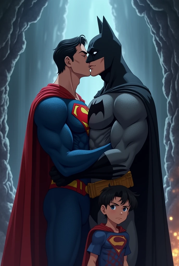 I want an image of Batman and Superman they are kissing and next to them is their son they are in the Bat Cave the image has to be in anime