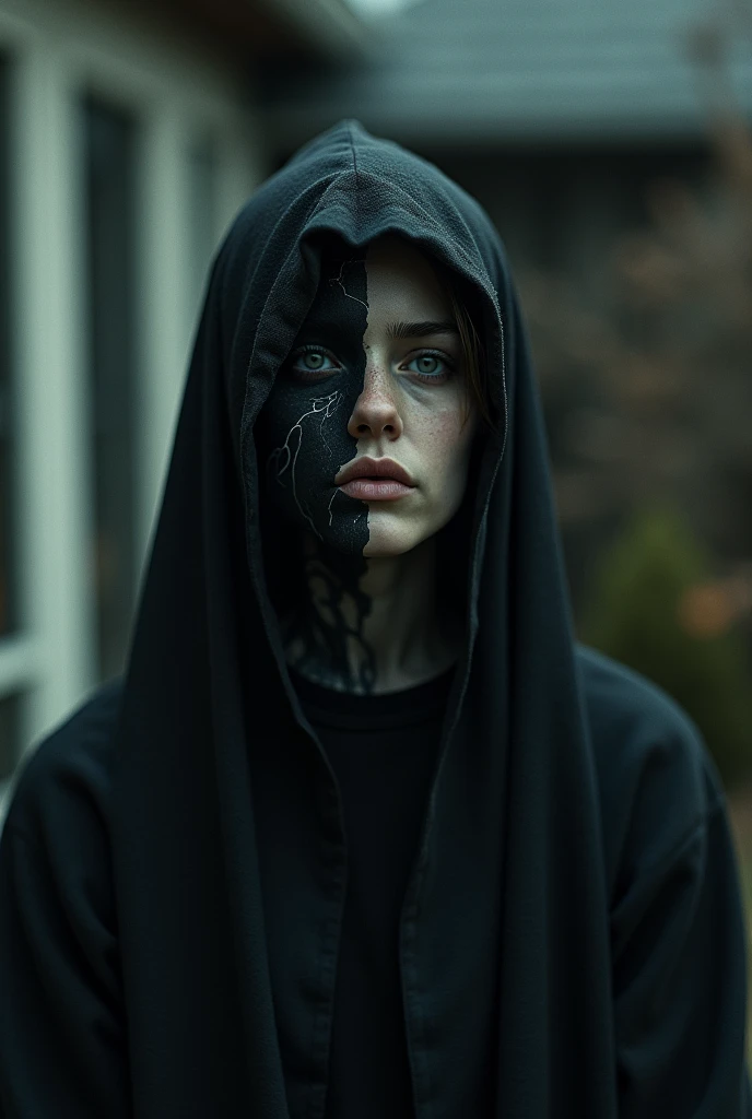 a person with a half face with eyes raised for cloth and a home with a hood on his head