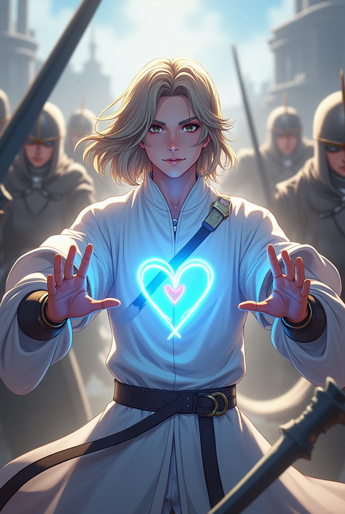 a young half-elf man with delicate, feminine features and shoulder-length light brown hair.
wearing white medieval clothing with a symbol of a light blue feather over a red heart drawn on the clothes at chest height.
protecting your allies with a barrier of light against medieval anime style aggressors
