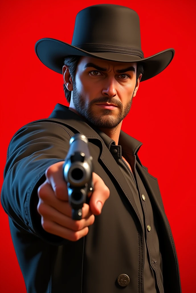 Generate an image of a read dead redemption 2 poster of my character pointing his revolver with a red background, make it a bit realistically animated and just from half body up, hips up. VERY IMPORTANT, make it like the read dead redemption 2 poster style
Character: Tall, White, brown and short hair, young, just as bit of beard, with thick eyebrows, good jawline, having an agressive look, brown eyes, make him wear clothes from those years, wear a jacket and have a hat,