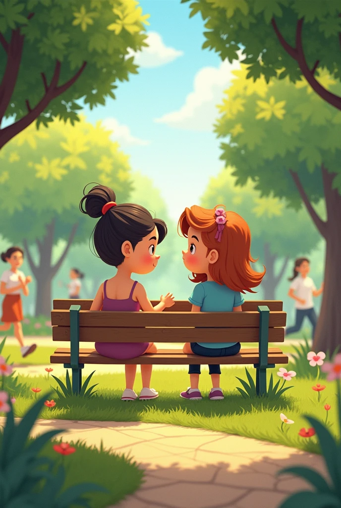 Animation Two friends sitting on a park bench. One of them with.envy of others