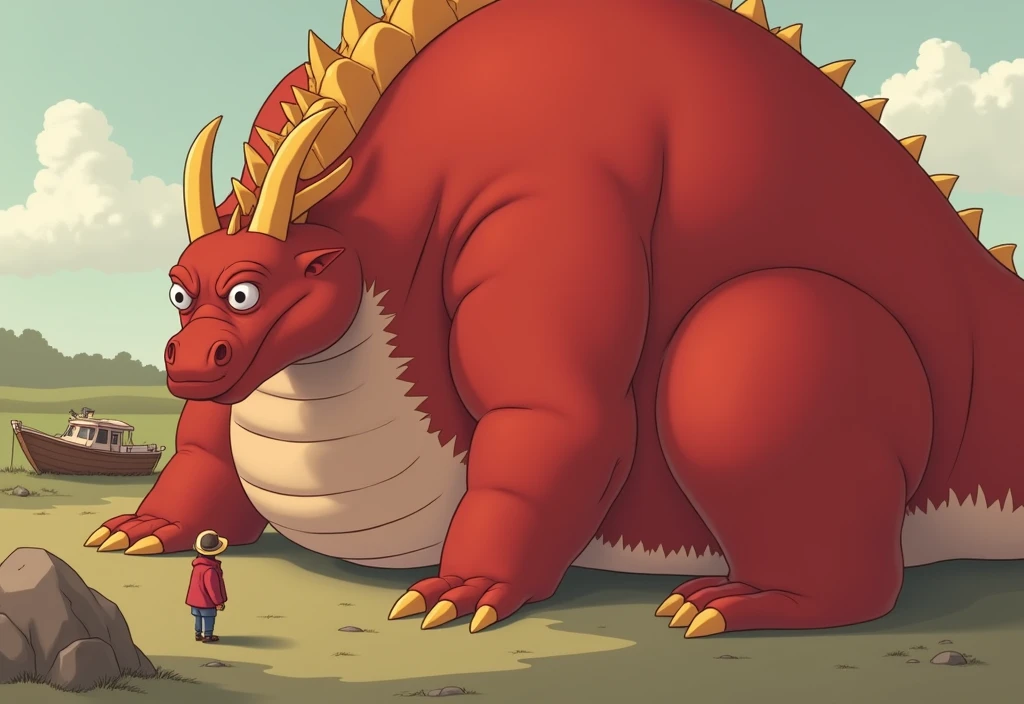 is a red dragon,He has two arms and two legs and is cool.,Five fingers, five toes, and golden horns, Wings with hands, The world's most super tall and extremely obese dragon, So that the boat touches the ground,, It has wings and its facial features are so thick that it is bigger than its face, fat and huge, and its belly is swollen like a balloon that looks like a mountain that could burst. It is swollen several times more than its size and is distracting.!!! His belly touches the ground and his body is long. He is 10 heads tall. He is alone. He is too fat. His belly is too big and his legs, arms, face, and everything else look small compared to his belly fat. Make him bigger and fatter. His neck is short and fat.. He is lying down and has wings
