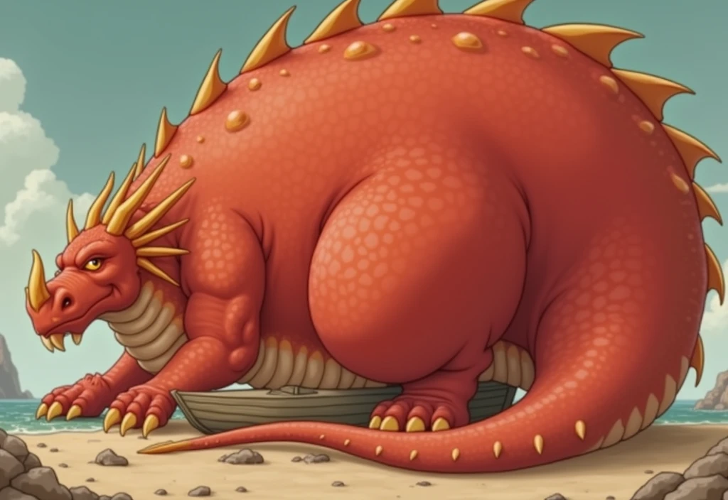 is a red dragon,He has two arms and two legs and is cool.,Five fingers, five toes, and golden horns, Wings with hands, The world's most super tall and extremely obese dragon, So that the boat touches the ground,, It has wings and its facial features are so thick that it is bigger than its face, fat and huge, and its belly is swollen like a balloon that looks like a mountain that could burst. It is swollen several times more than its size and is distracting.!!! His belly touches the ground and his body is long. He is 10 heads tall. He is alone. He is too fat. His belly is too big and his legs, arms, face, and everything else look small compared to his belly fat. Make him bigger and fatter. His neck is short and fat.. He is lying down and has wings