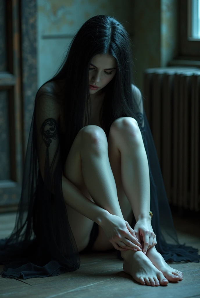 pale test woman long black hair , Gothic style , sitting on the floor showing her bare feet