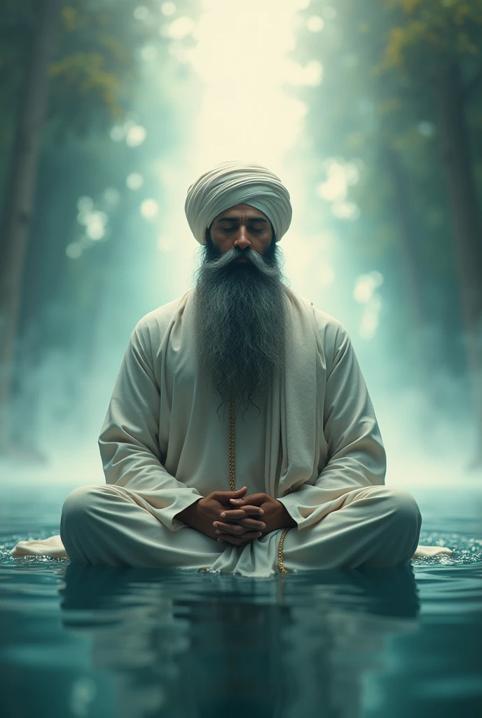 (photorealism:1.2), sikh saint sitting middle of a water in meditative poosture eyes closed calmness on face and mystic background radiant light beautiful light clamness on face long beard divine light 