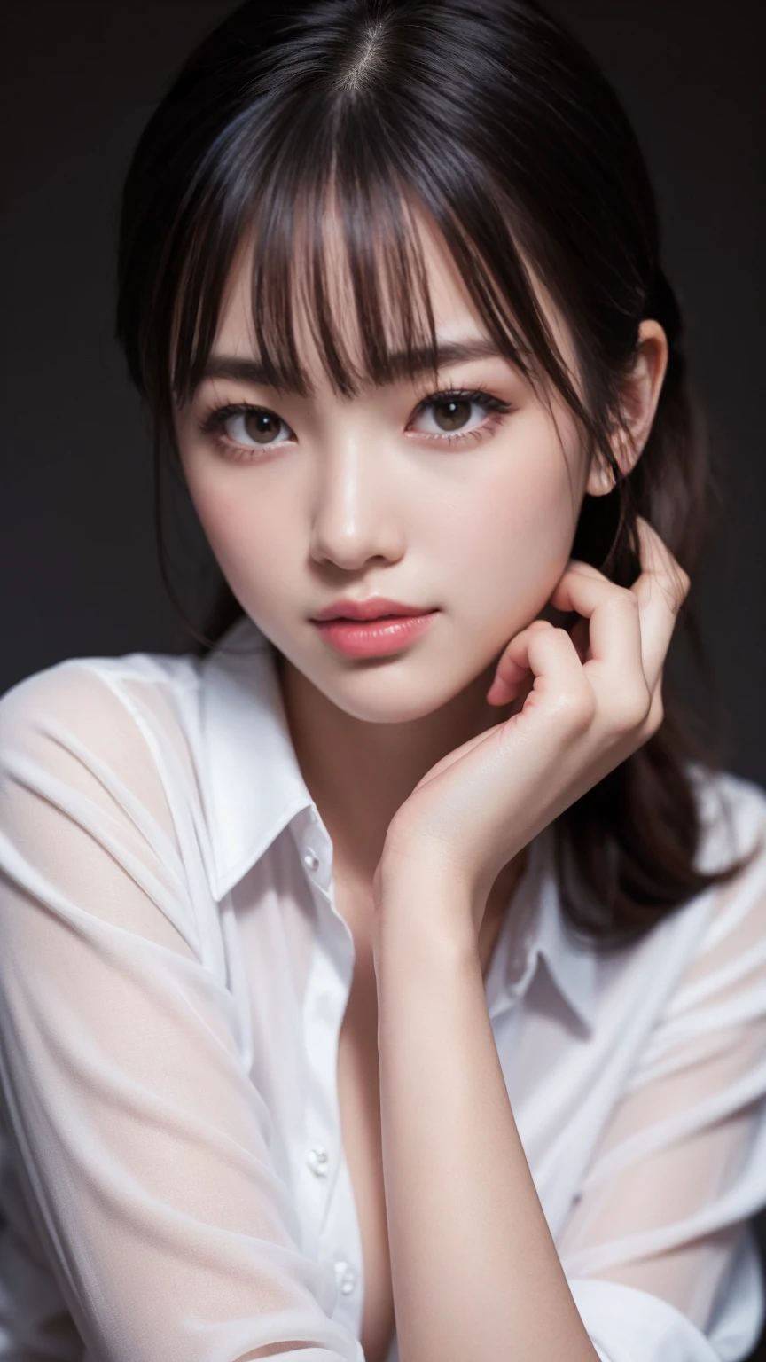8k,Highest quality,(masterpiece:1.2),(Realistic),(Realistic:1.37),Ultra-high resolution,One Woman,smile,((Big Breasts)),Beautiful Eyes,(((White shirt))),Perfect body,Perfect Fingers,Professional Lighting,gravure,Detailed face and skin texture,fine grain,RAW Photos