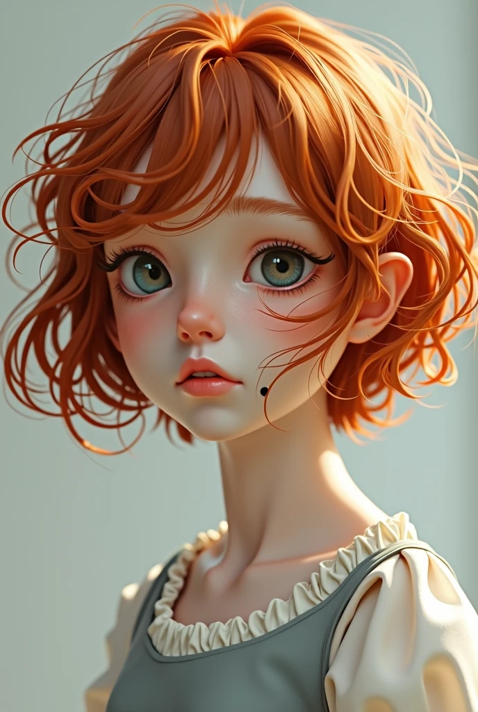 Create an image of a short red-orange haired young girl with a black mole on her realistic white cheek 