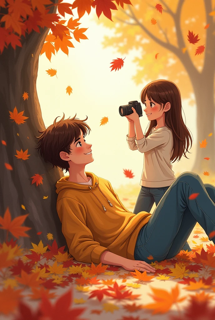 generates a 20 year old boy who is happy lying on the ground covered in leaves while a 20 year old girl takes a photo of him, drawing style