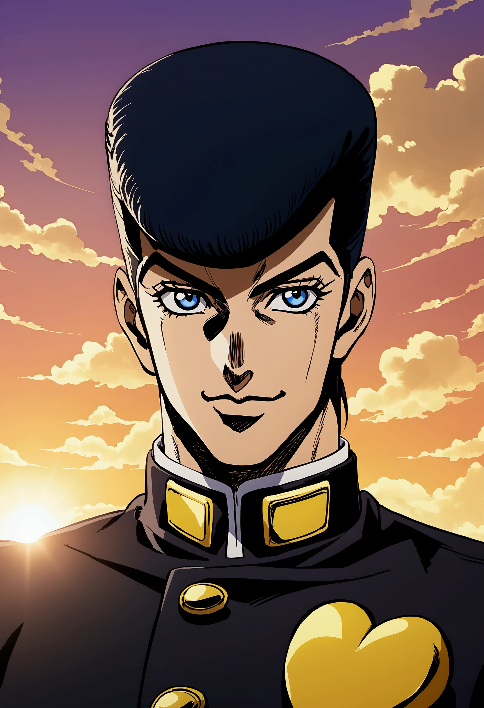 JoJo, JoJo style, JoJo's Bizarre adventure, Official art, anime, fake screenshot, pompadour, gakuran, okuyasu nijimura, black hair, smile, blue eyes, headshot, masterpiece, dramatic lighting, yellow sky, white clouds