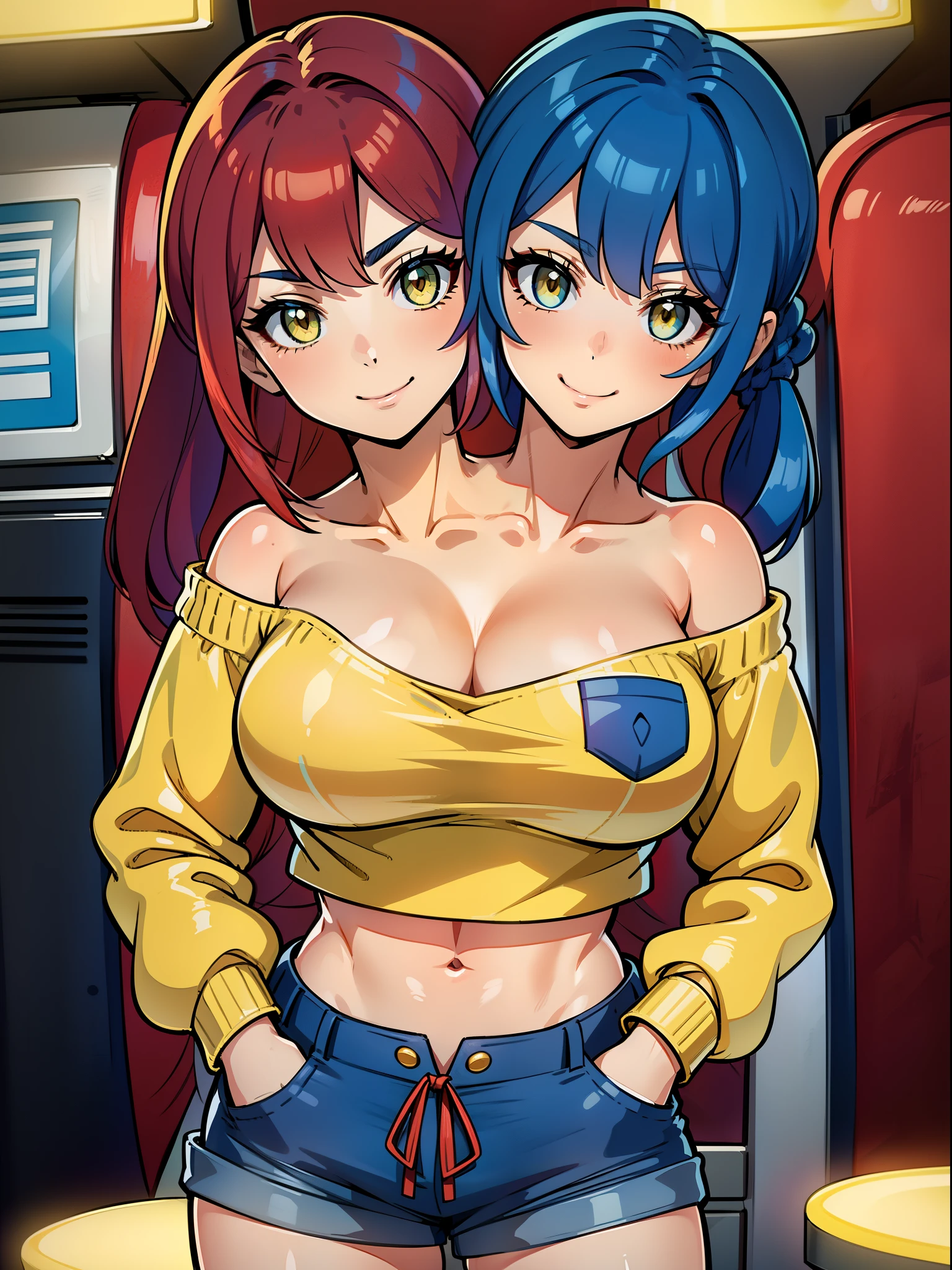 (masterpiece),(ultra-detailed), (high quality), (high resolution), (best quality:1.5, highres, UHD), highres, absurdo, ultra detail, ultra quality, Ultra resolution, 16k, 1girl, (2heads:1.5), girl with two heads, ((violet tube top)) ((red hair:1.5)), ((blue hair:1.5)), ((different hair colors:1.5)), (shorts with extra pockets), casual outfit with yellow patterns, ((long ponytails)) ((different hairstyles)), different haircuts, golden yellow eyes,, gentle smile