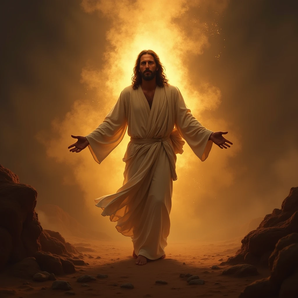 {[full bodyof jesus]], religious, spiritual, serene expression, divine light, heavenly glow, glowing aura, cinematic lighting, dramatic lighting, chiaroscuro, renaissance style, oil painting, detailed brushstrokes, highly realistic, photorealistic, 8k, best quality, masterpiece. IN THE DESERT