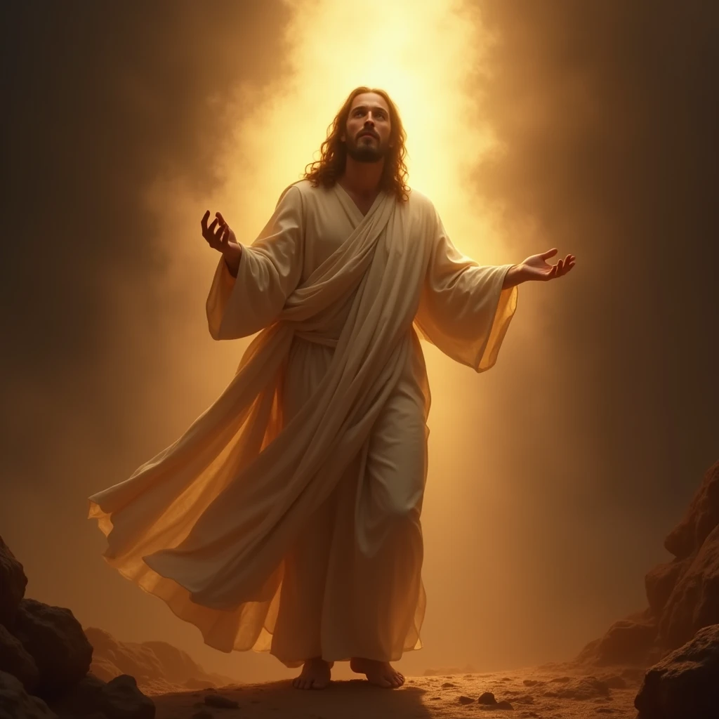 {[full bodyof jesus]], religious, spiritual, serene expression, divine light, heavenly glow, glowing aura, cinematic lighting, dramatic lighting, chiaroscuro, renaissance style, oil painting, detailed brushstrokes, highly realistic, photorealistic, 8k, best quality, masterpiece. IN THE DESERT