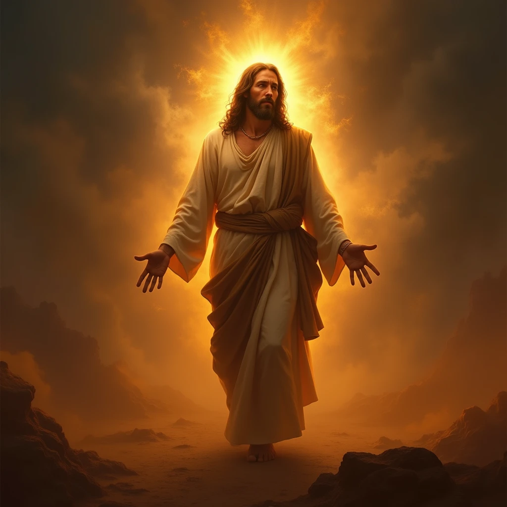 {[full bodyof jesus]], religious, spiritual, serene expression, divine light, heavenly glow, glowing aura, cinematic lighting, dramatic lighting, chiaroscuro, renaissance style, oil painting, detailed brushstrokes, highly realistic, photorealistic, 8k, best quality, masterpiece. IN THE DESERT