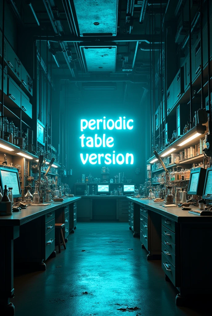 A mysterious laboratory that says in the middle “Clue Periodic Table version” Like in phosphorescent and with a cool typography
