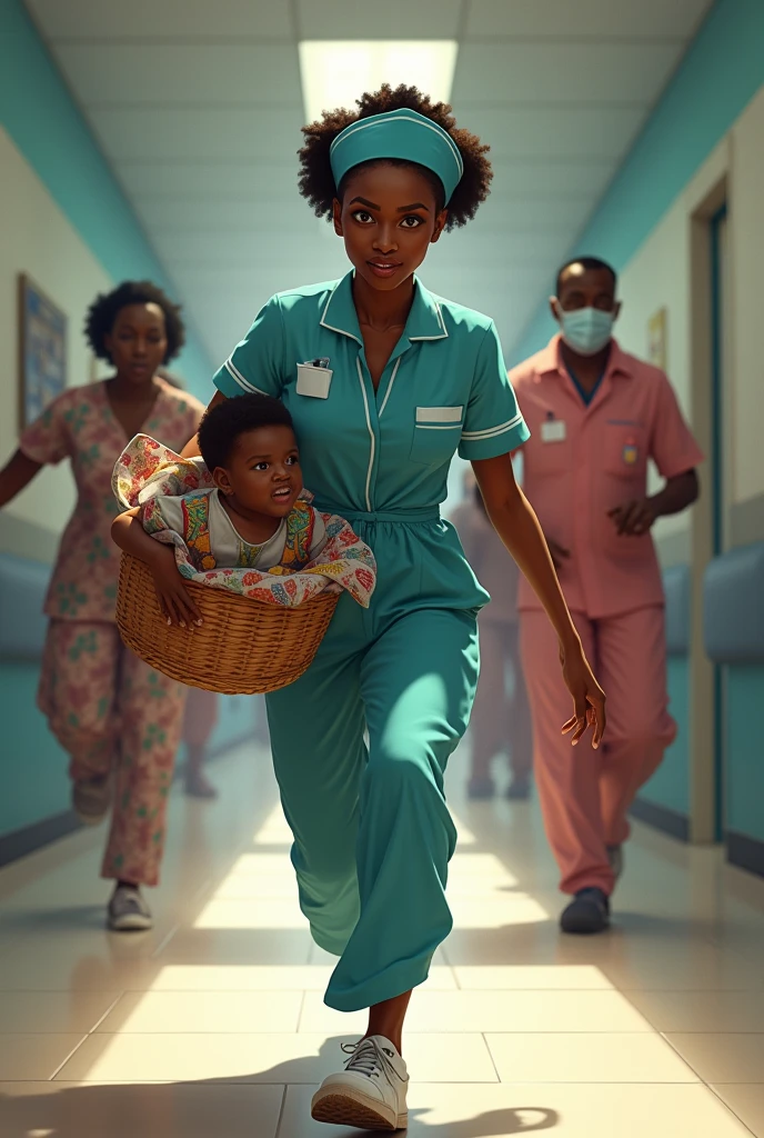Generate image of African an igbo nurse running away with a child in a basket at the hospital corridor and an igbo woman and her husband chasing after her scream for her help 
