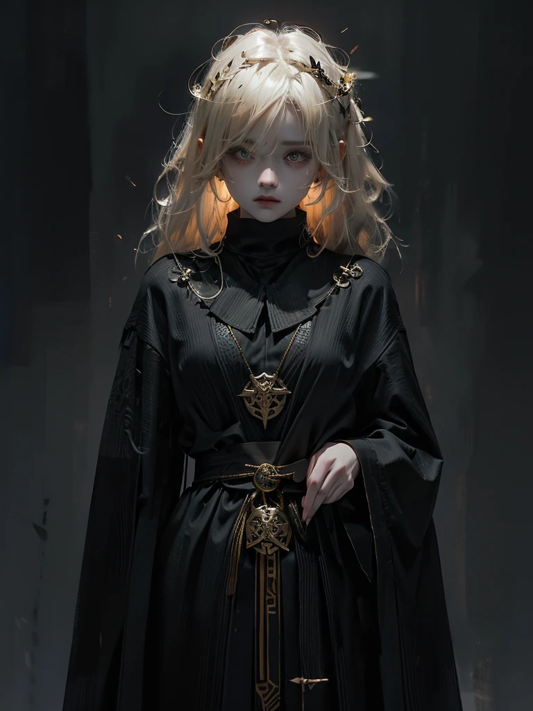 Runic Background、Wearing a black robe、Mage's Clothing、golden hair color、look at the viewer、masterpiece、cute woman、Wearing elegant school clothes