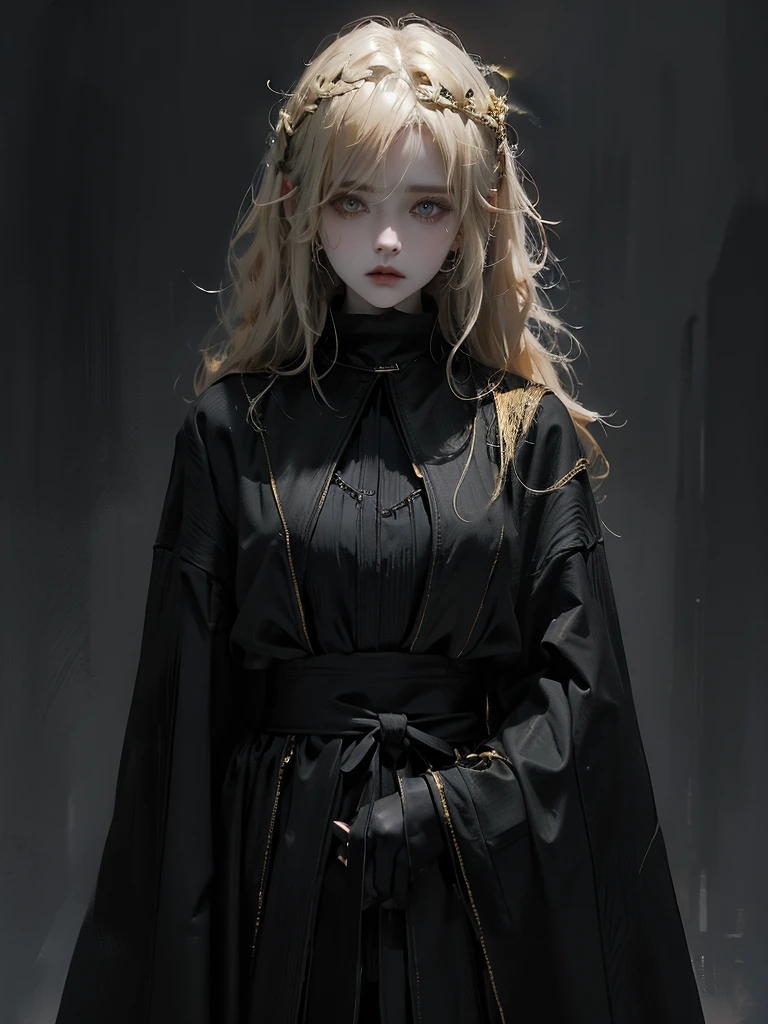 Runic Background、Wearing a black robe、Mage's Clothing、golden hair color、look at the viewer、masterpiece、cute woman、Wearing elegant school clothes