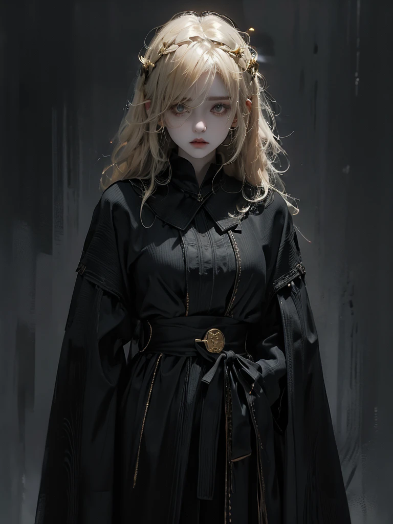Runic Background、Wearing a black robe、Mage's Clothing、golden hair color、look at the viewer、masterpiece、cute woman、Wearing elegant school clothes