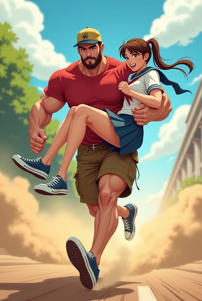 Muscular man wearing a shirt with long shorts Long loose shorts With pockets on the sides with converse sneakers red T-shirt and brown shorts Long short, Normal musculature With beard and baseball cap Realistic musculature. Carrying in his arms Short petite adult woman with long pigtails and school uniform Sailor uniform with short skirt While running very fast kicking up dust anime style 2D