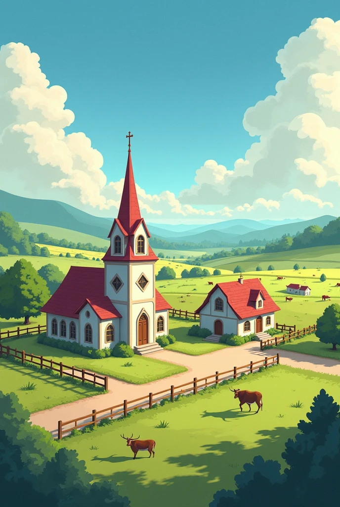 a school, with a church in the middle of a cattle farm to color and the school is separate from the church