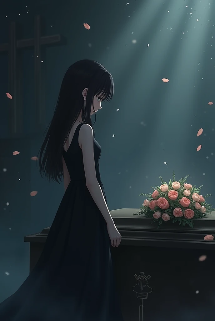 A beautiful, long-haired, pretty girl is wearing a black dress at a funeral, and she stands next to her friend&#39;s coffin. She looks sad, and the atmosphere is sad. Anime