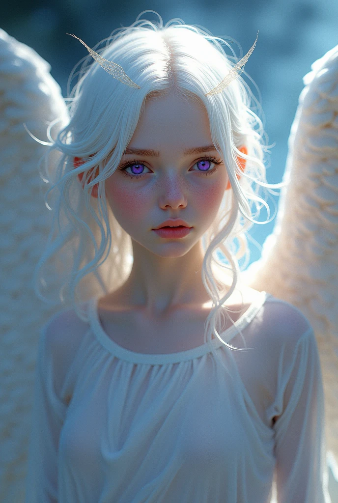 angel, adolescent, with white hair and purple eyes.